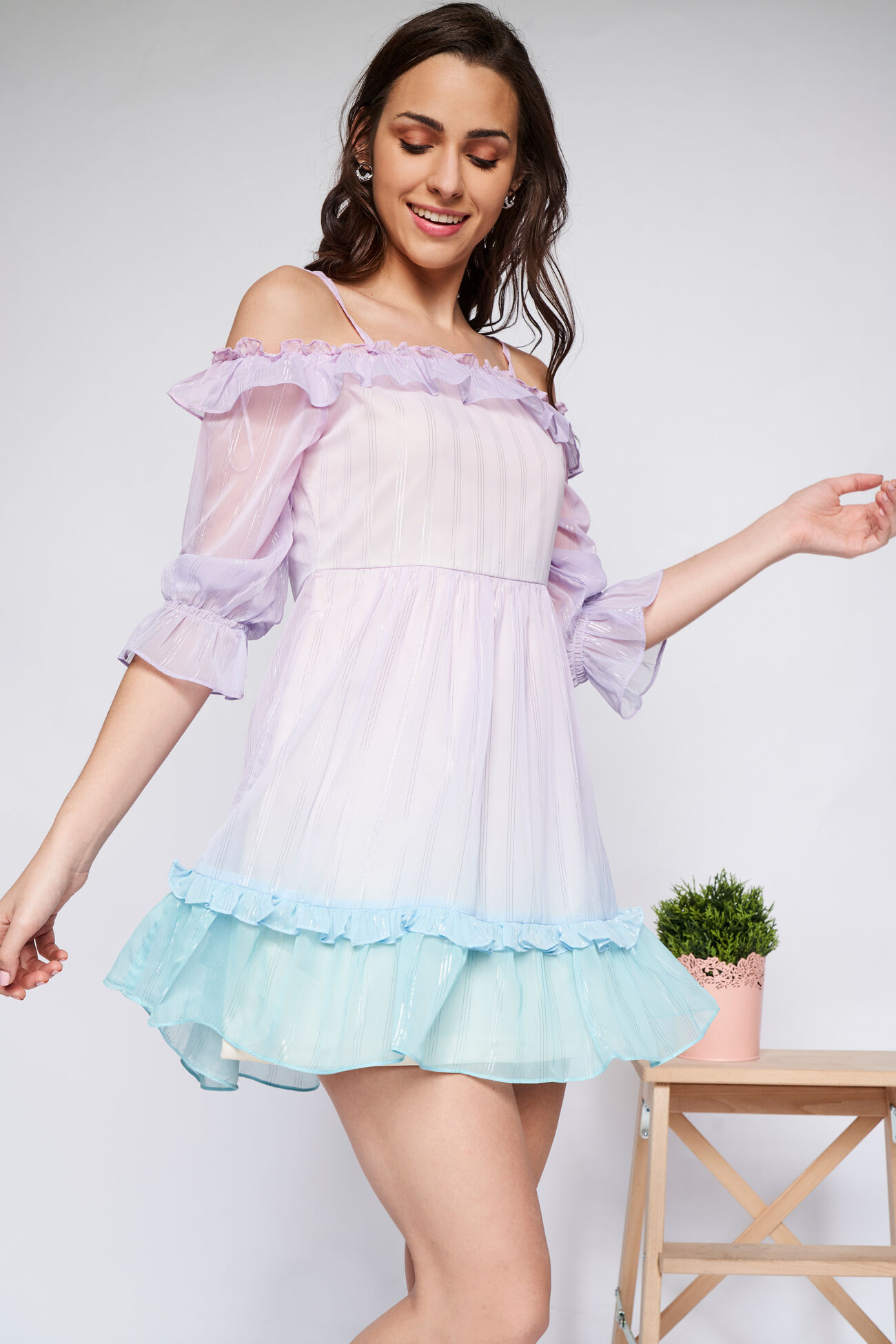 Green & Pink Gathered Straight Dress, Green, image 1